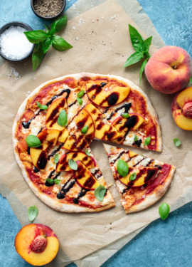 Summer Peach Pizza recipe with goat cheese and balsamic drizzle