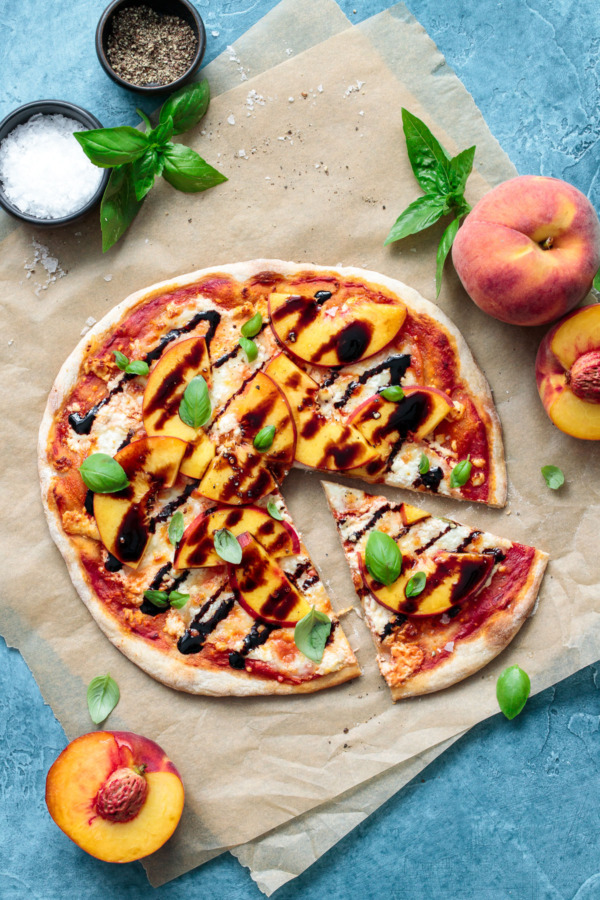 Summer Peach Pizza recipe with goat cheese and balsamic drizzle