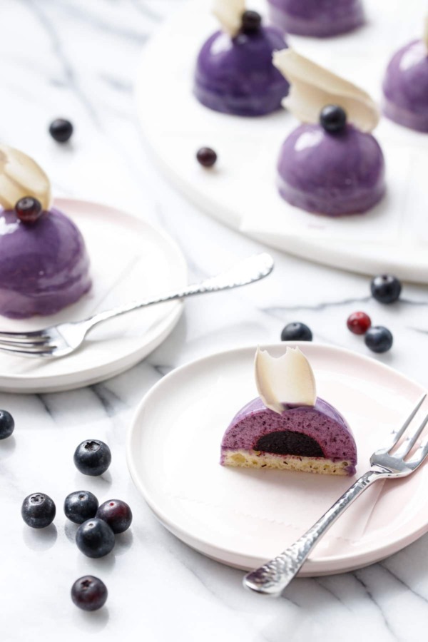 Mini Blueberry Mousse Cakes with Mirror Glaze