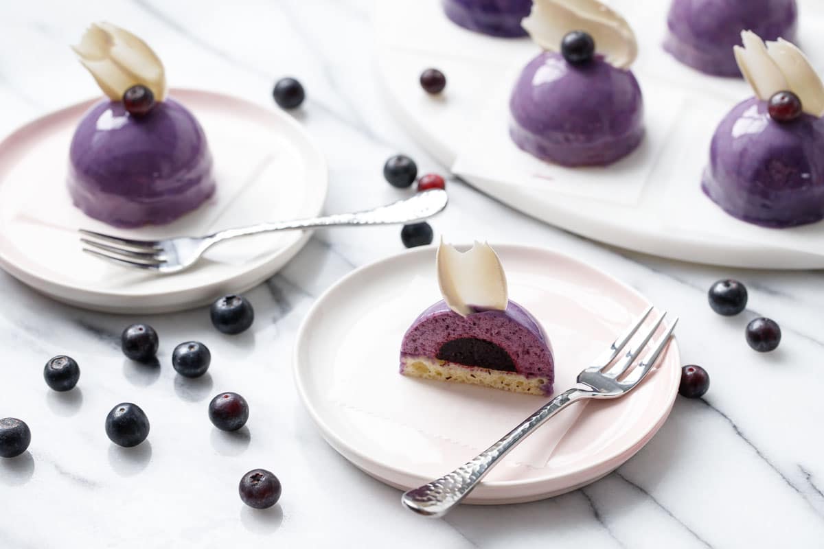 Mini Blueberry Mousse Cakes with Mirror Glaze