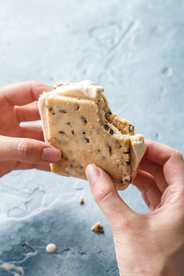 Raw, safe-to-eat cookie dough and brown sugar ice cream combine to make the ultimate ice cream sandwich!