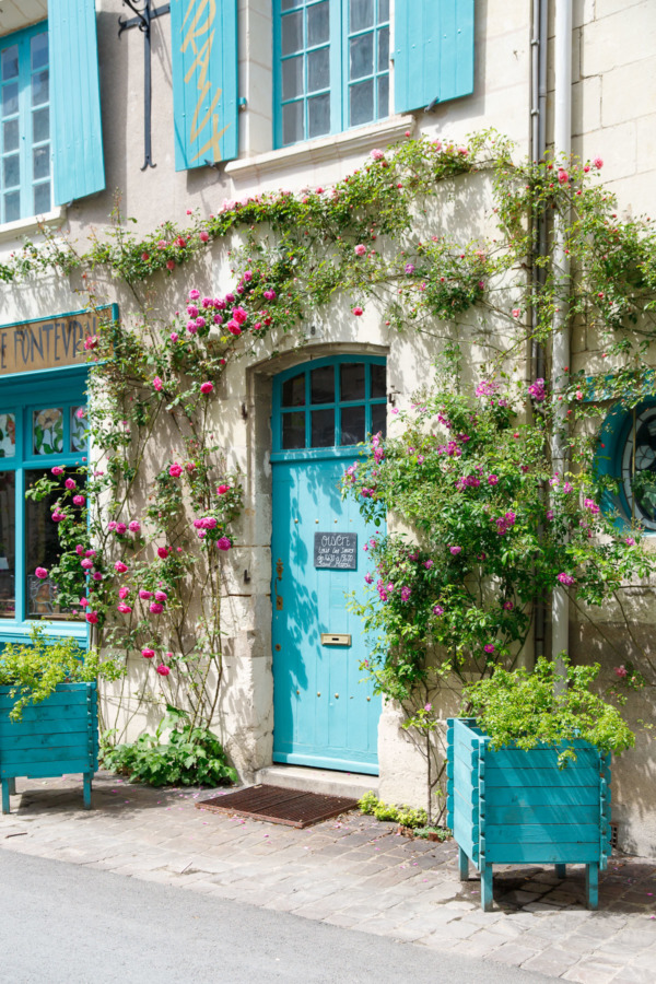 Turquoise doors and roses, Fontevraud-l'Abbaye, France