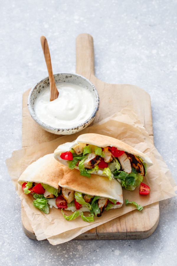 Chicken Caesar Salad Pita with homemade Yogurt Caesar Dressing recipe