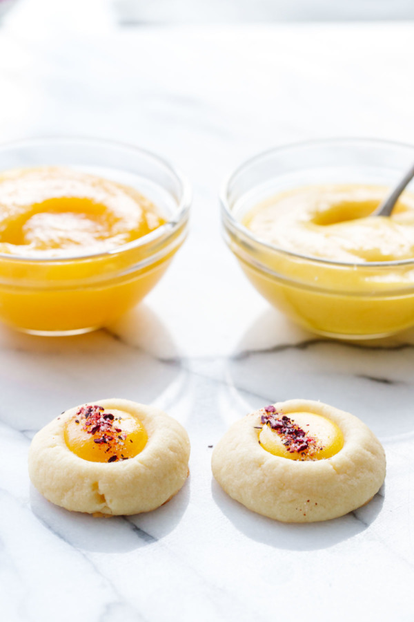 Shortbread Thumbprint Cookies with Mango Jam and Mango Curd, sprinkled with spicy hibiscus chili sugar