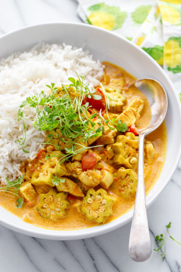 Vadouvan Chicken Curry Recipe with Okra Smoked Basmati Rice