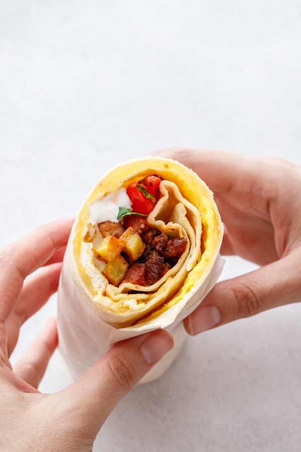 The Best Breakfast Burritos with egg, potato, chorizo and cheese.