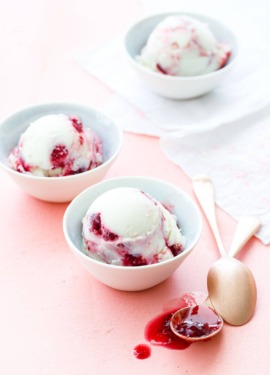 Homemade Greek Frozen Yogurt swirled with Sour Cherry Jam