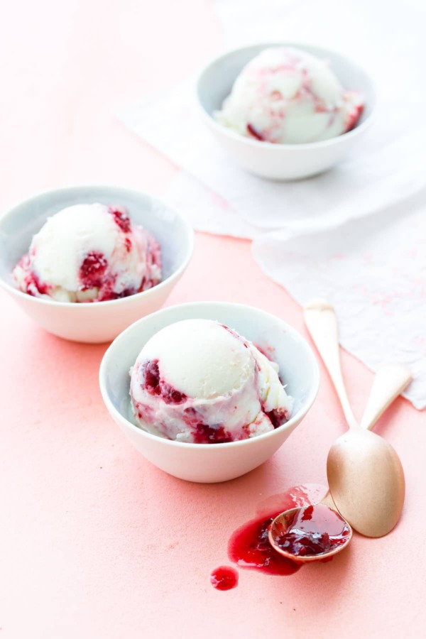 Homemade Greek Frozen Yogurt swirled with Sour Cherry Jam