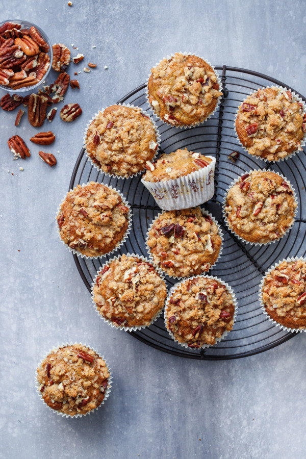 Tender banana muffins with pecans and a crunchy crumb topping.