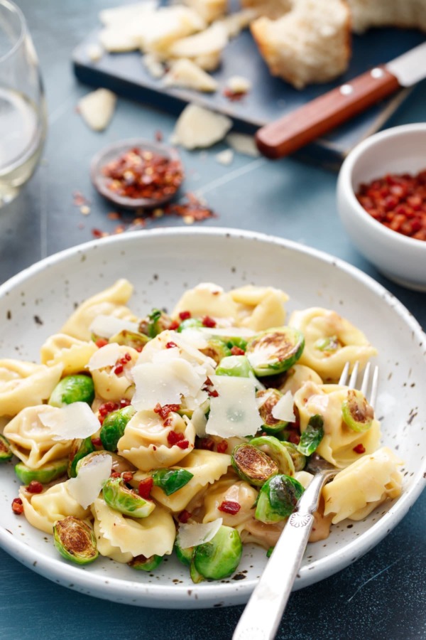 Proscuitto & Cheese Tortelloni with Brussels Sprouts, Pancetta and Parmesan