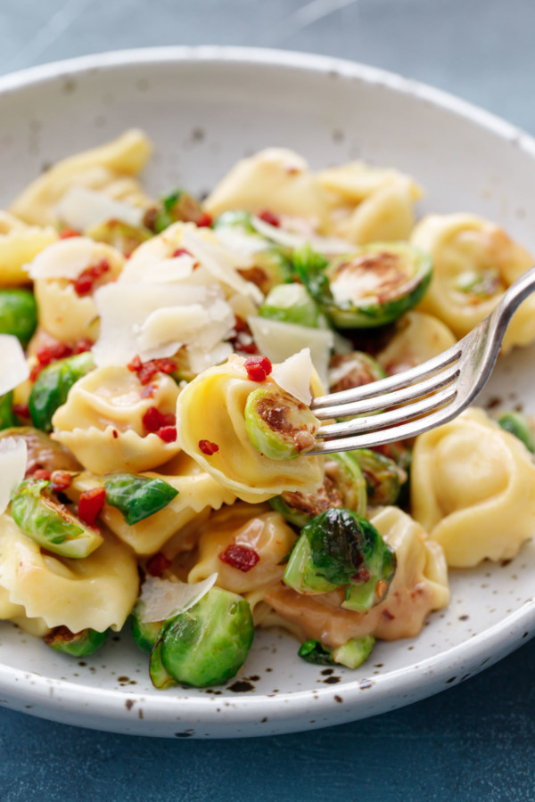 Easy Tortelloni Recipe with Crispy Pancetta and Brussels Sprouts 
