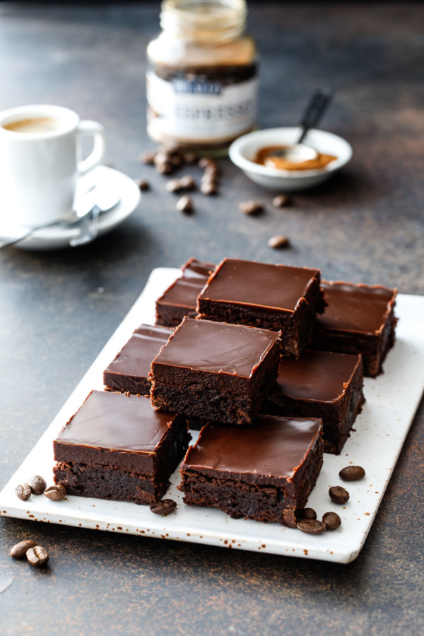 Fudgy Triple Chocolate Brownies with Dark Chocolate Ganache Topping