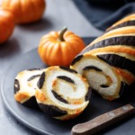 Striped Pumpkin Cake Roll with Mascarpone Whipped Cream