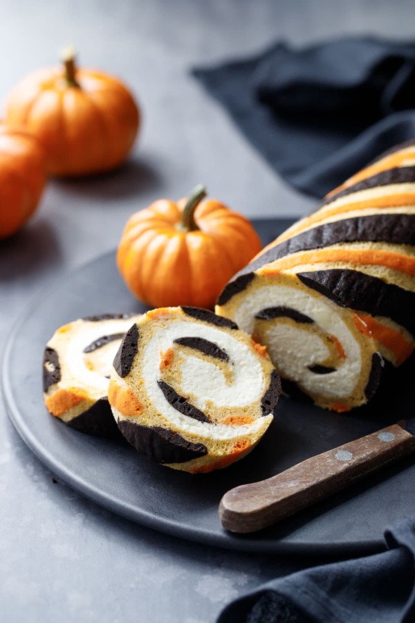 Striped Pumpkin Cake Roll with Mascarpone Whipped Cream