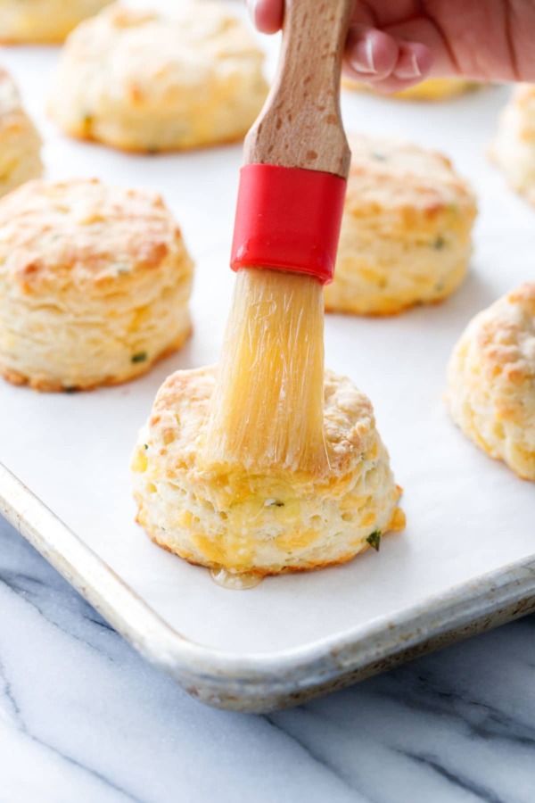 Cheddar Chive Biscuits brushed with melted butter