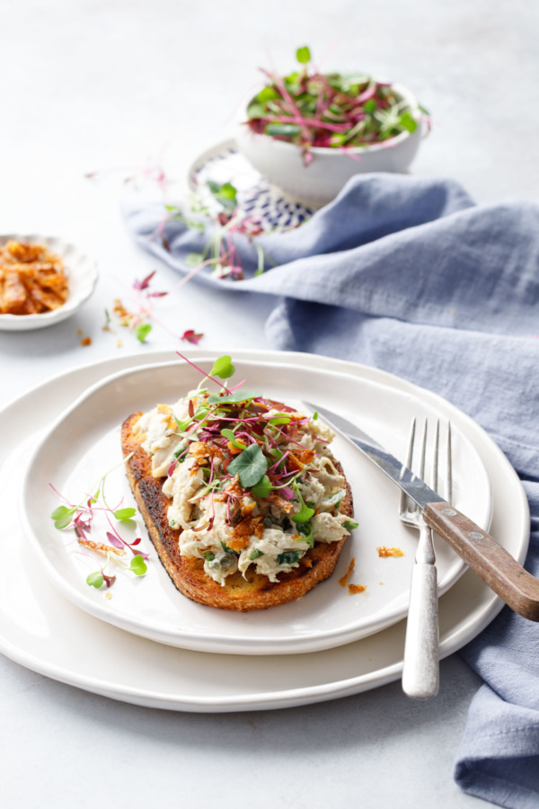 Chicken Salad Tartine Toasts with Microgreens and Crispy Chicken Skin