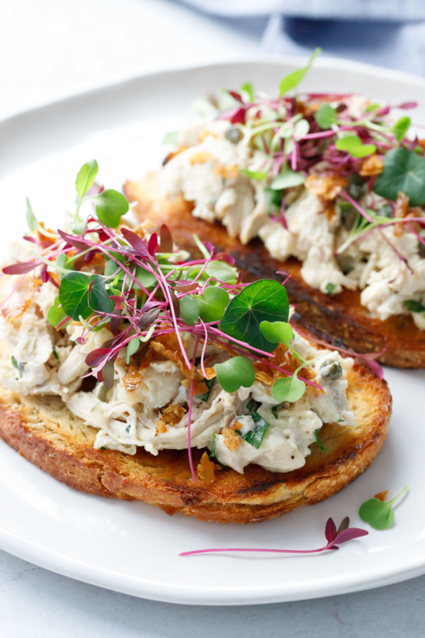 Chicken Salad Tartine Toasts with Microgreens and Crispy Chicken Skin