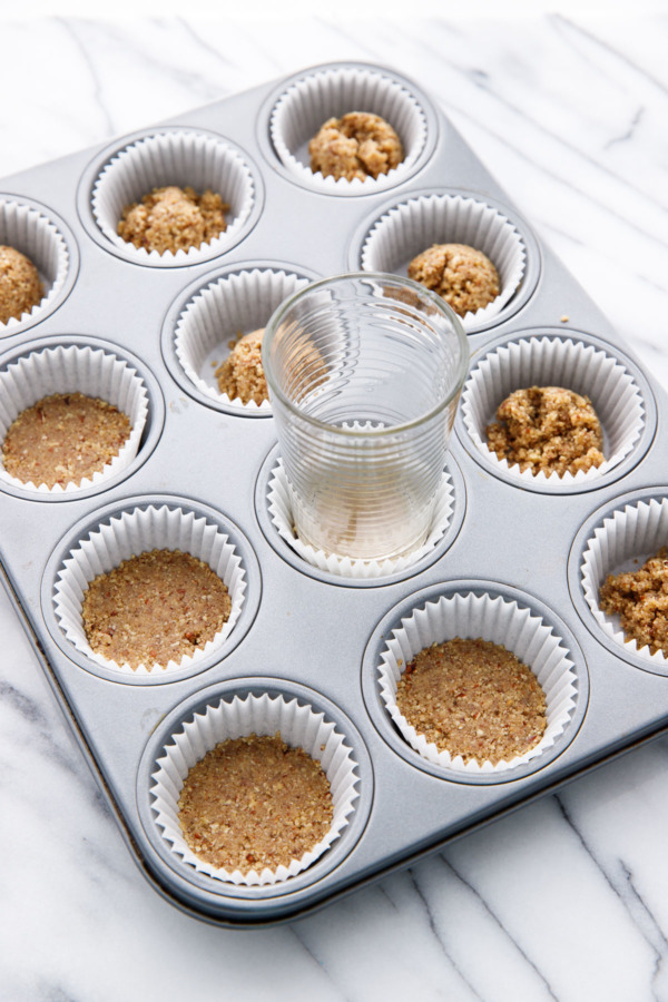 Tip for making mini muffin sized crusts: use a flat-bottomed juice glass to press in the crumbs.