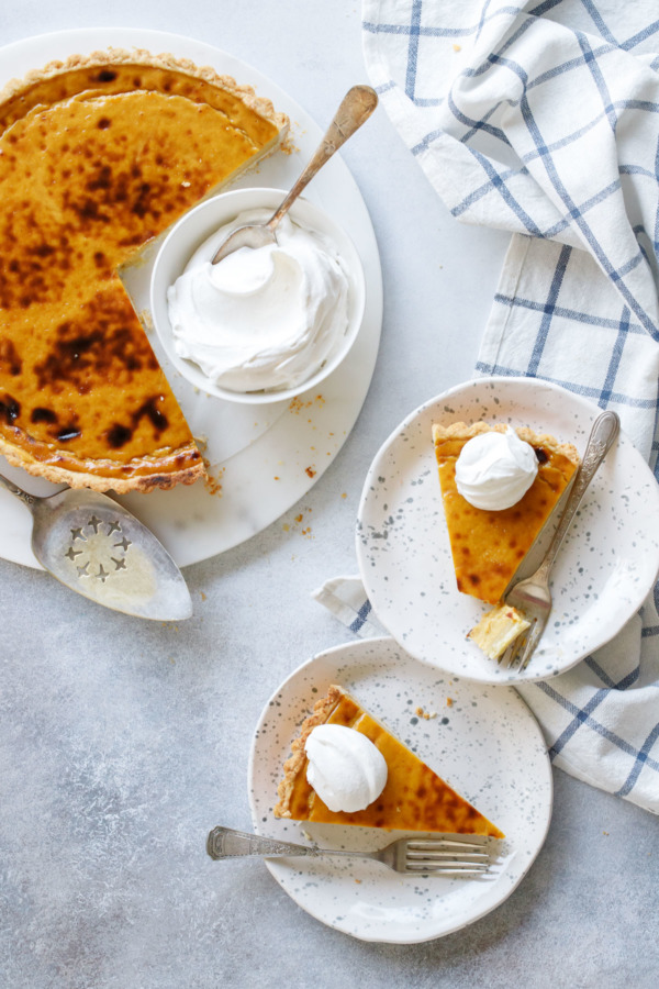 Pumpkin Custard Tart recipe, lighter and creamier than your typical pumpkin pie