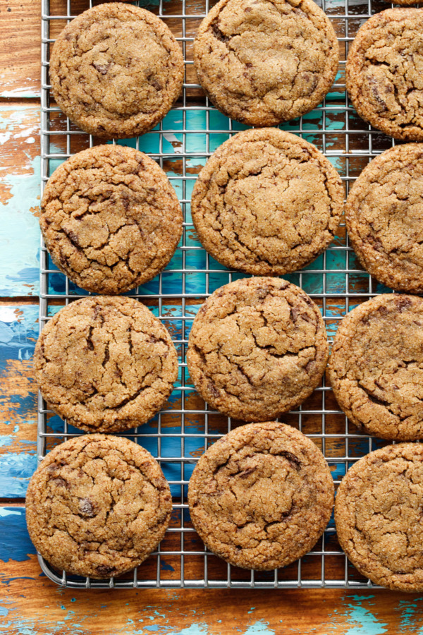 Chewy Molasses Chocolate Chip Cookies coated in sugar for a perfectly crackly top.
