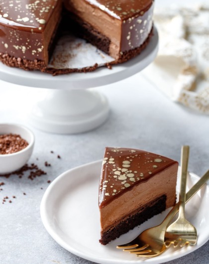 Milk Chocolate and Nutella Brownie Mousse Cake with a gorgeous Chocolate Mirror Glaze