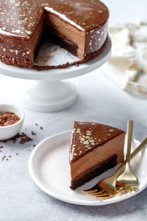 Milk Chocolate and Nutella Brownie Mousse Cake with a gorgeous Chocolate Mirror Glaze