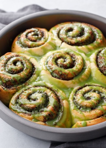 Black Sesame Cinnamon Rolls with Matcha Glaze