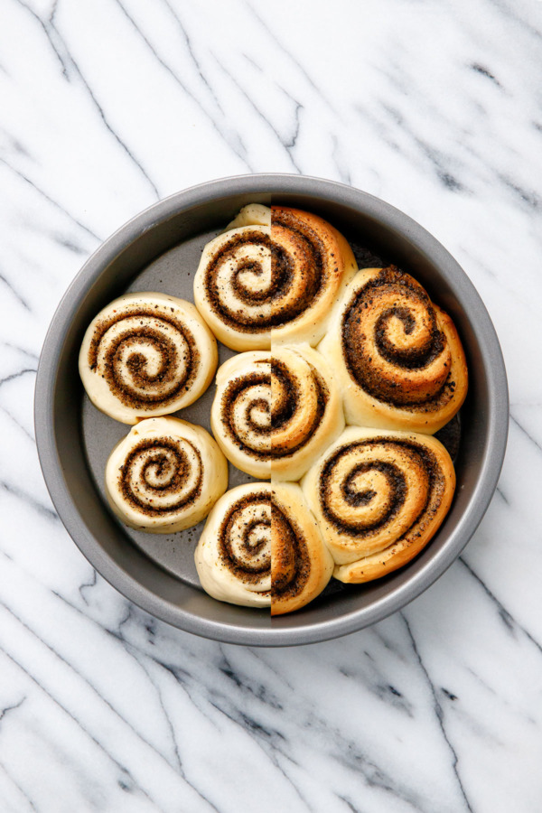 Before & After Baking: Black Sesame Cinnamon Rolls with Matcha Glaze
