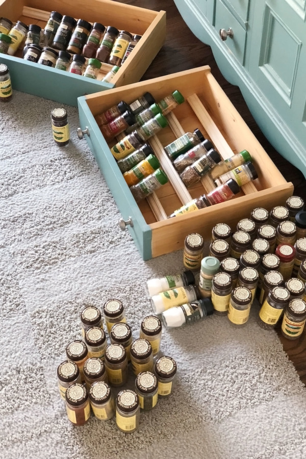 Spice Drawer: Before. Lots of expired spices to get rid of.