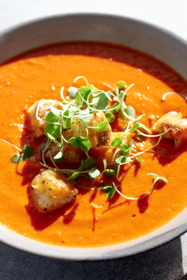 Winter Tomato Soup with Grilled Cheese Croutons