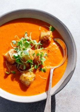 The Best Tomato Soup using canned tomatoes, topped with cheesy croutons!