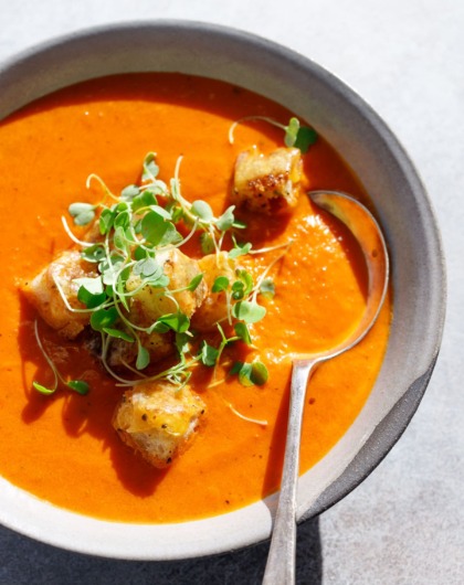 The Best Tomato Soup using canned tomatoes, topped with cheesy croutons!