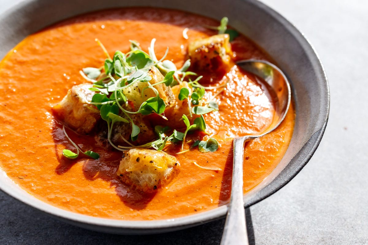 Winter Tomato Soup with Cheesy Croutons