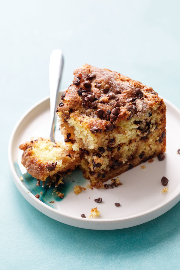 Closeup shot of a slice of grandma's Sour Cream Chocolate Chip Coffee Cake