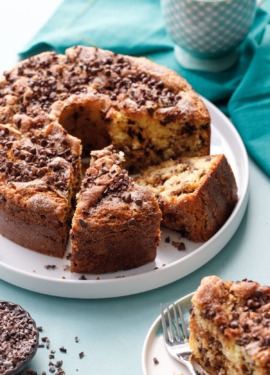 Sour Cream Chocolate Chip Coffee Cake baked in a tube pan