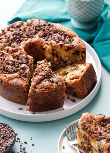 Sour Cream Chocolate Chip Coffee Cake baked in a tube pan