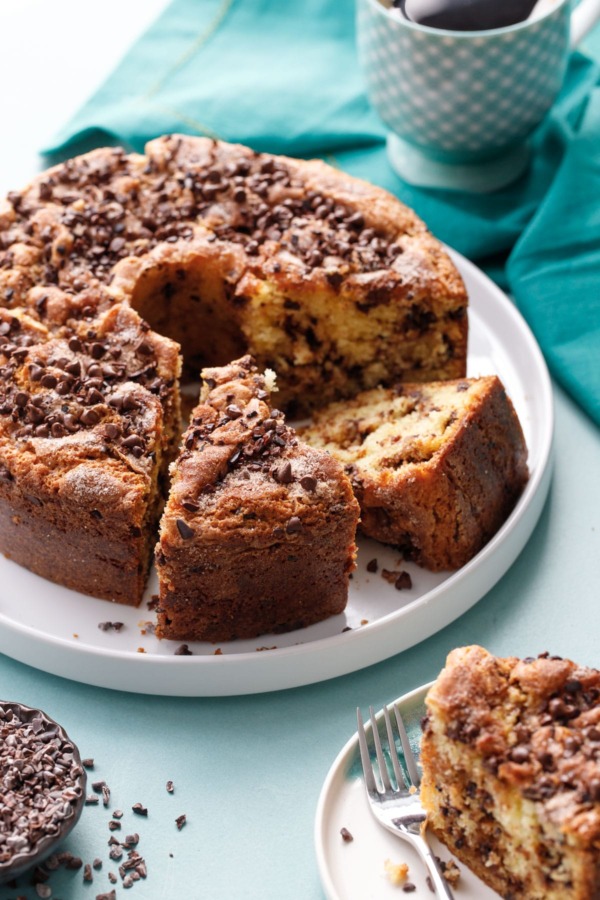 Sour Cream Chocolate Chip Coffee Cake baked in a tube pan