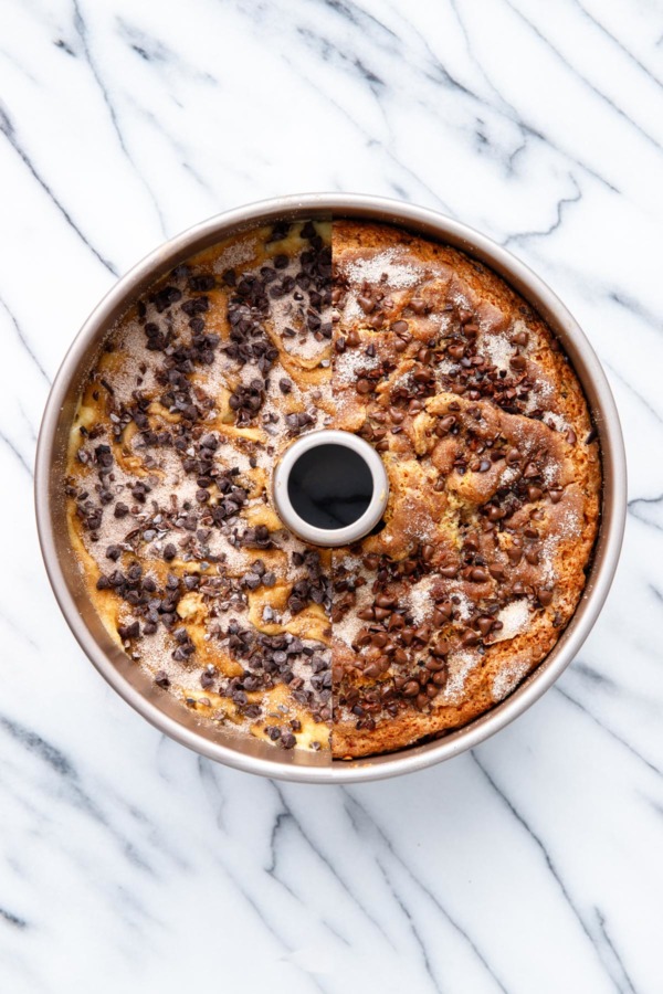 Before and After baking: Sour Cream Chocolate Chip Coffee Cake