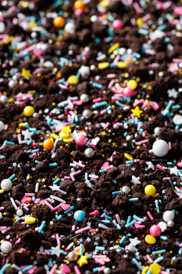 Ultra Dark Chocolate Sheet Cake with Chocolate Cookie Crumbles and rainbow sprinkles