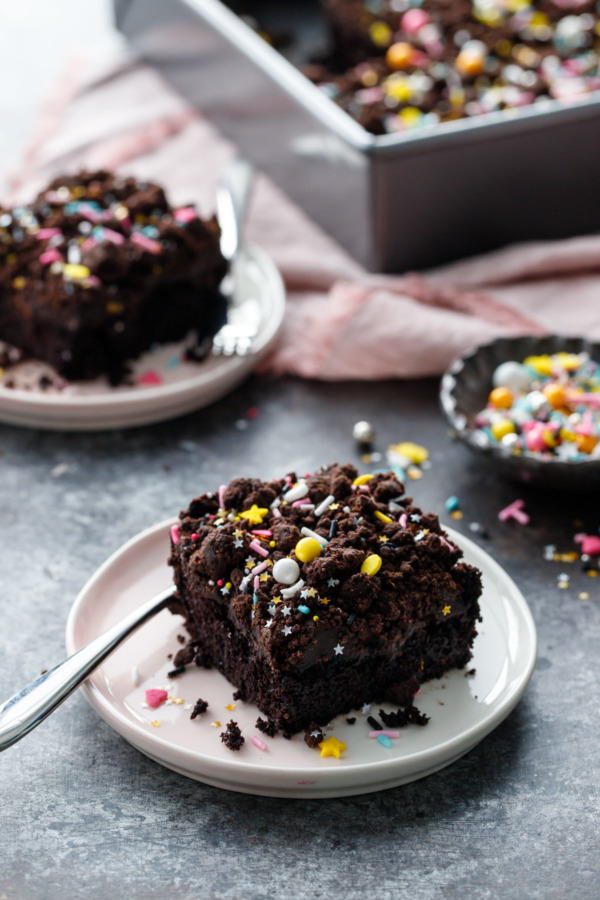 Ultra dark chocolate sheet cake with bittersweet chocolate glaze and chocolate cookie crumbs