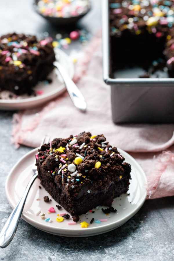 Blackout Chocolate Sheet Cake topped with Chocolate Glaze and Cookie Crumbles