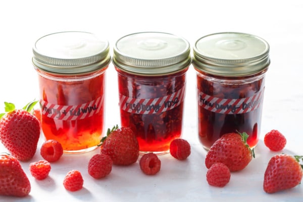 Homemade fruit shrub: 3 ways (strawberry red wine, strawberry balsamic, and raspberry rose).