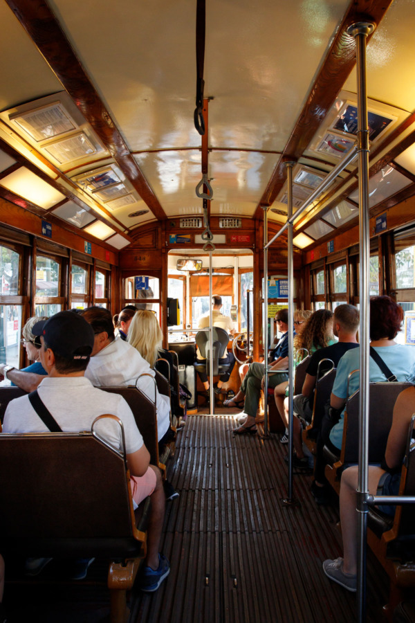 Riding the historic 28E tram in Lisbon, Portugal