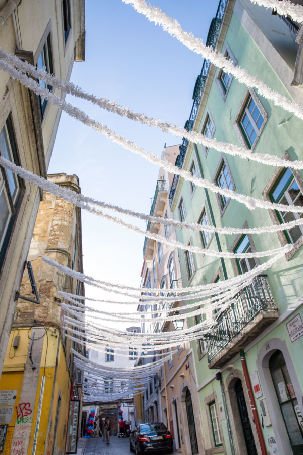 Streamer-lined streets in the Barrio Alto neighborhood ,Lisbon, Portugal