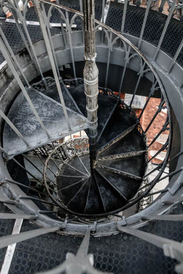 The historic spiral staircase to the viewing platform of the Santa Justa Lift in Lisbon, Portgual