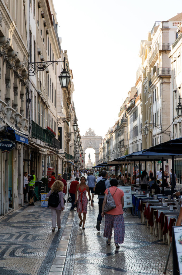 Looking down a busy street in Lisbon, Portgual