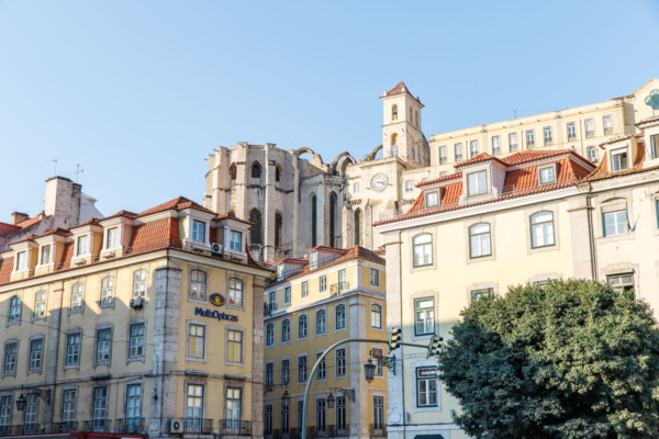 Morning sun hitting the pastel buildings of Lisbon, Portgual