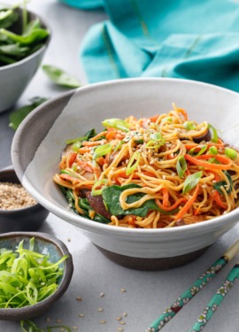 Bowl of Sesame Stir Fry Noodles with Mushrooms, Carrots and Spinach