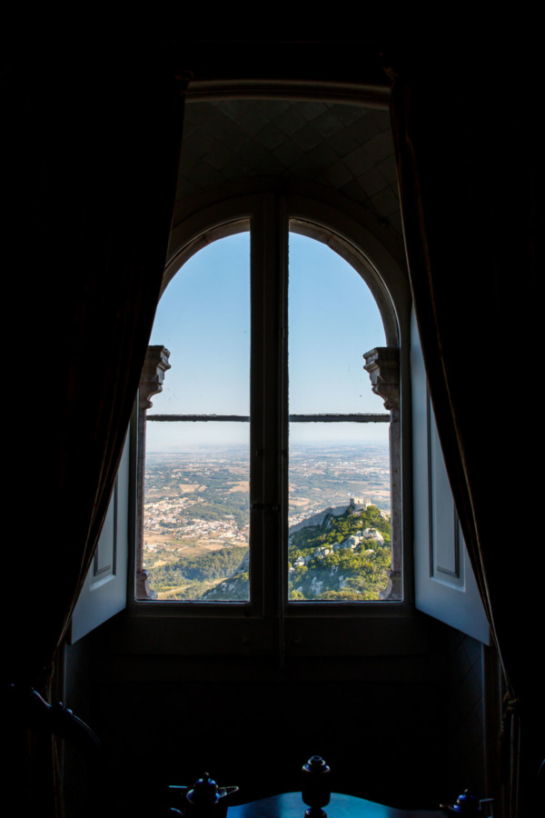 Looking out the window of the Pena Palace, with the Moorish Castle in the distance (Sintra, Portugal)