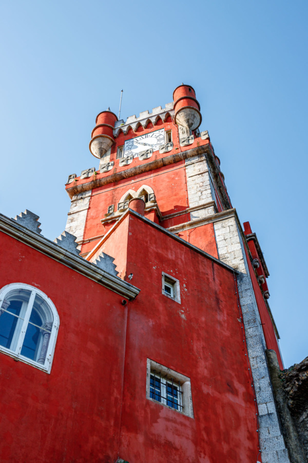 Red clocktower of the Pena Palace, Sintra, Portugal